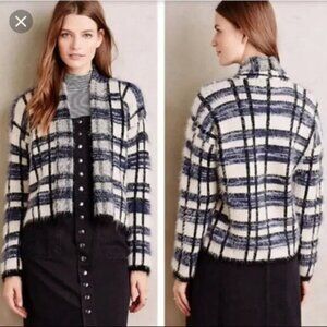 ANTHROPOLOGIE La Fée Verte Sweater Womens Small Blue Plaid Fuzzy Open Jacket